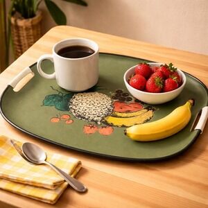 Vintage Japan Fruit Serving Tray Green Retro Hostess Kitchen Tray Handles